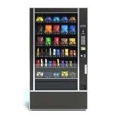 A modern vending machine stocked with colorful beverages, snacks, and drinks. The machine features multiple shelves, a coin slot, and a retrieval compartment at the bottom.